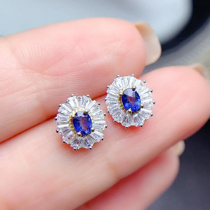 925 Silver Inlaid Natural Sri Lankan Sapphire Stud Earrings-Jewearrings