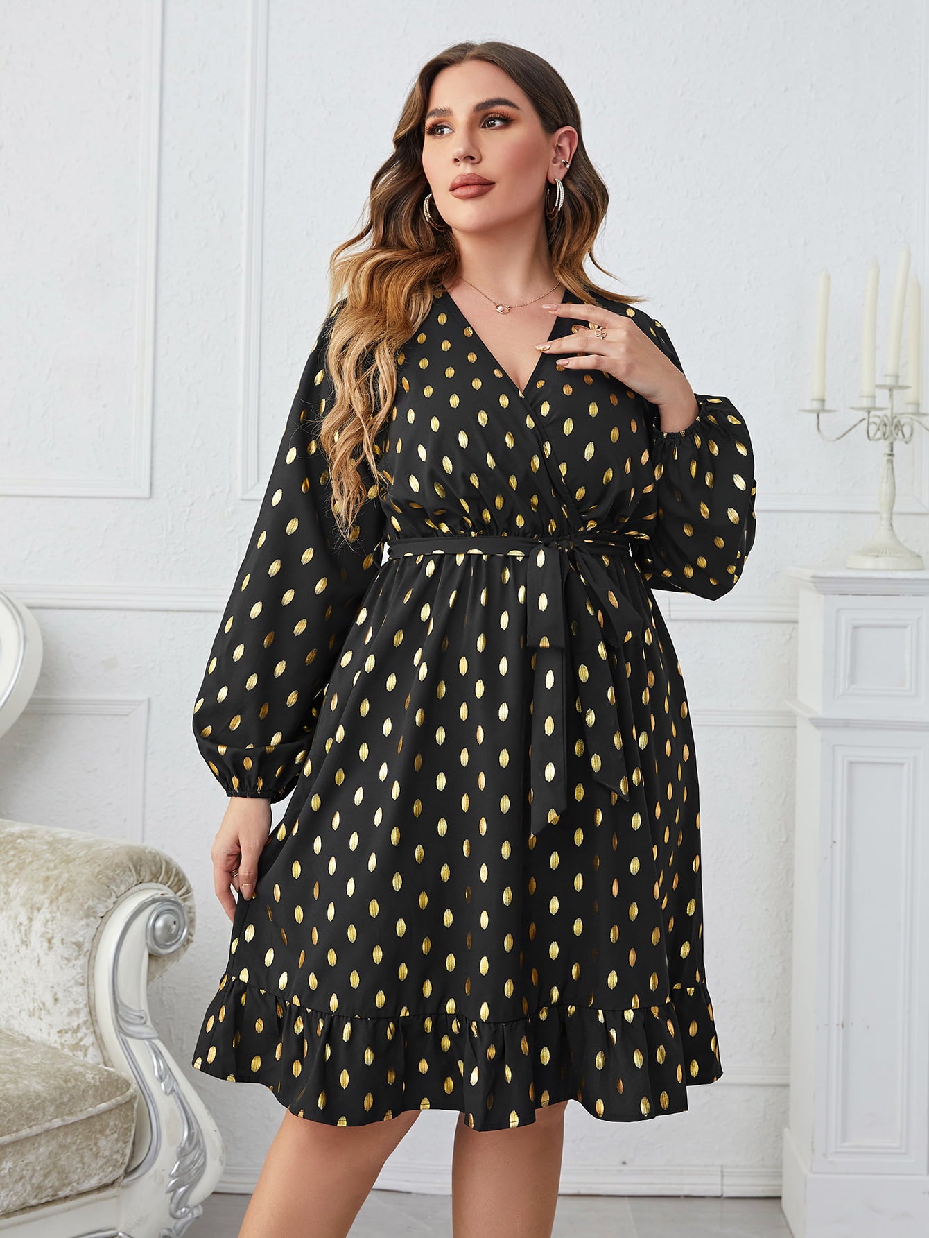 Plus Size Printed Surplice Neck Knee-Length Dress-Jewearrings