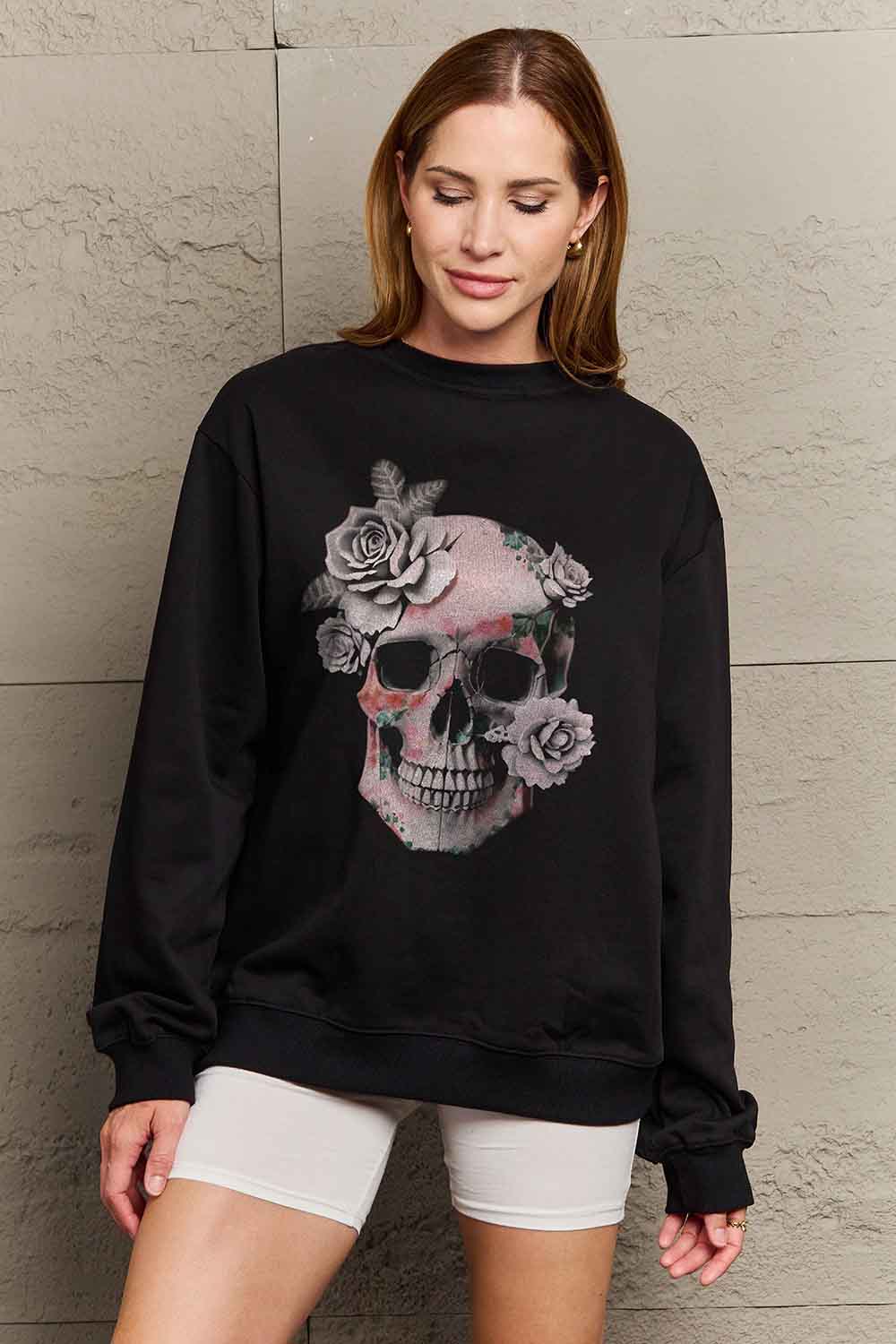 Simply Love Simply Love Full Size Dropped Shoulder SKULL Graphic Sweatshirt-Jewearrings