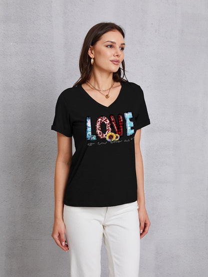 Letter Graphic V-Neck Short Sleeve T-Shirt-Jewearrings