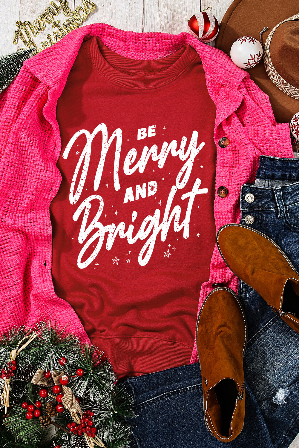 BE MERRY AND BRIGHT Round Neck Sweatshirt-Jewearrings