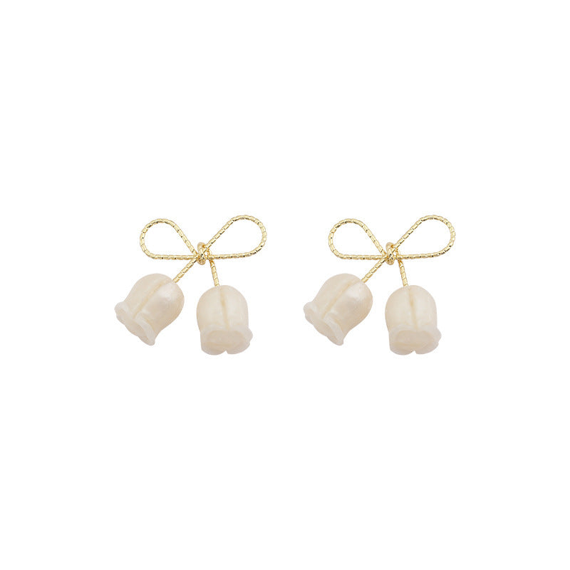 Silver Needle White Soft Bow Tulip Earrings-Jewearrings