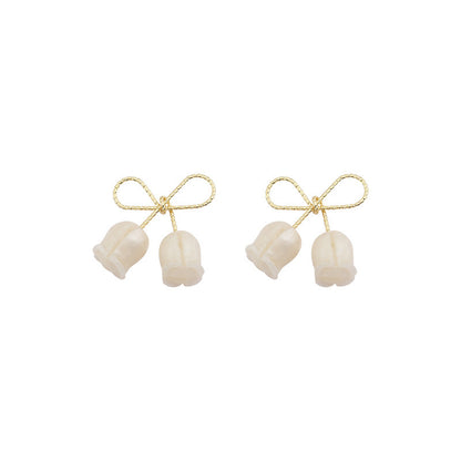 Silver Needle White Soft Bow Tulip Earrings-Jewearrings