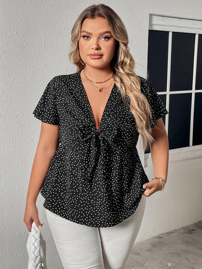 Plus Size V-Neck Front Bow Flutter Sleeve Blouse-Jewearrings