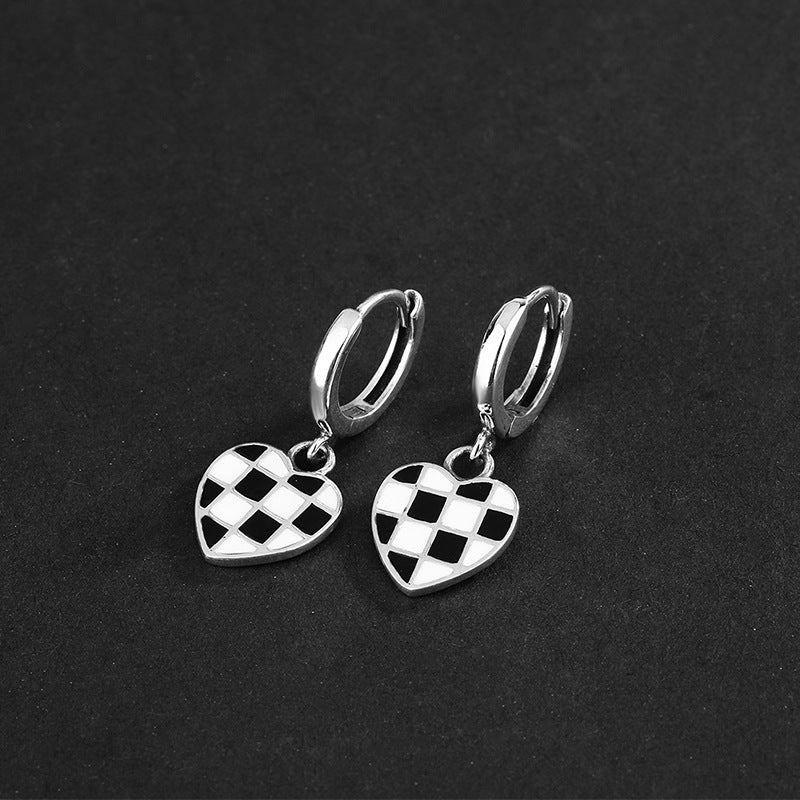 All Over 925 Sterling Silver Heart Chessboard Latch Earrings Black And White Oil Drop Process Earrings-Jewearrings