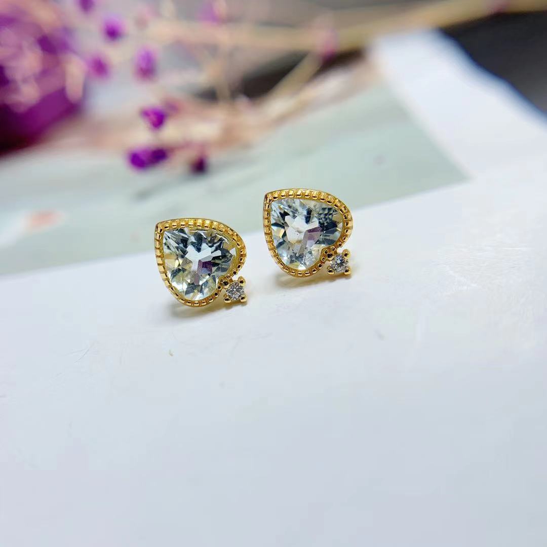 Simple Heart-shaped 925 Silver Natural Aquamarine Stud Earrings-Jewearrings