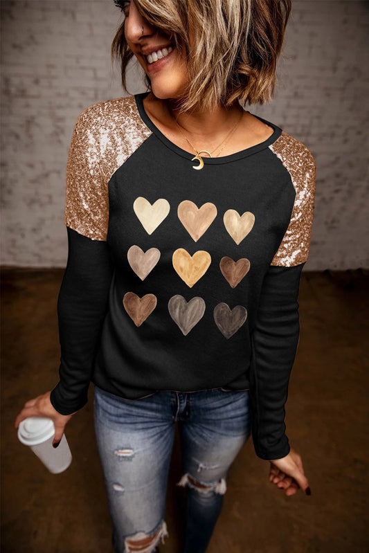 Contrast Sequin Heart Graphic Raglan Sleeve Top-Jewearrings