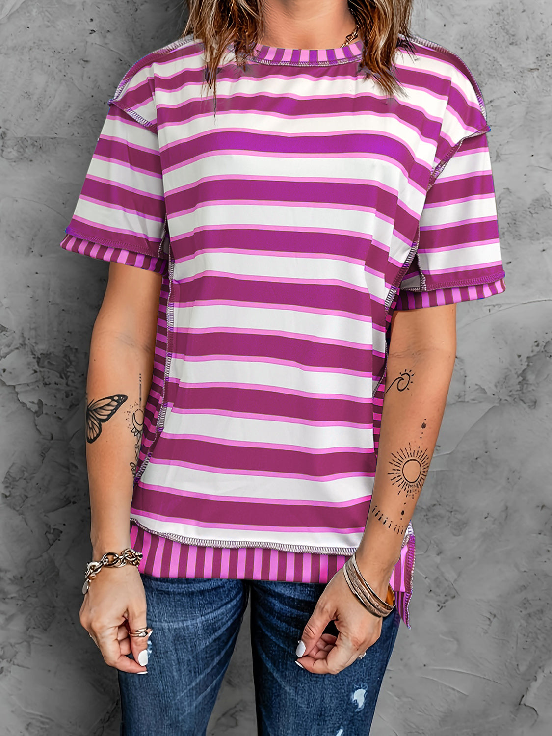 Full Size Contrast Stitching Striped Round Neck T-Shirt-Jewearrings