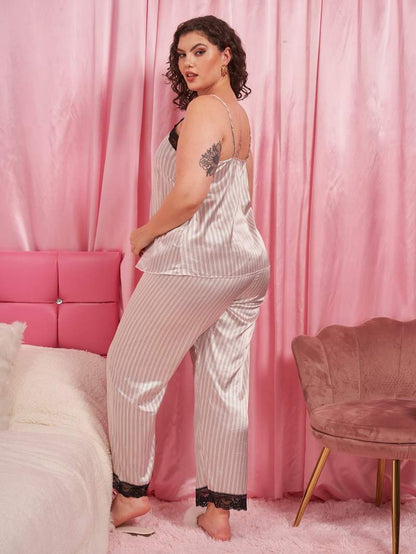 Plus Size Vertical Stripe Lace Trim Cami and Pants Pajama Set-Jewearrings