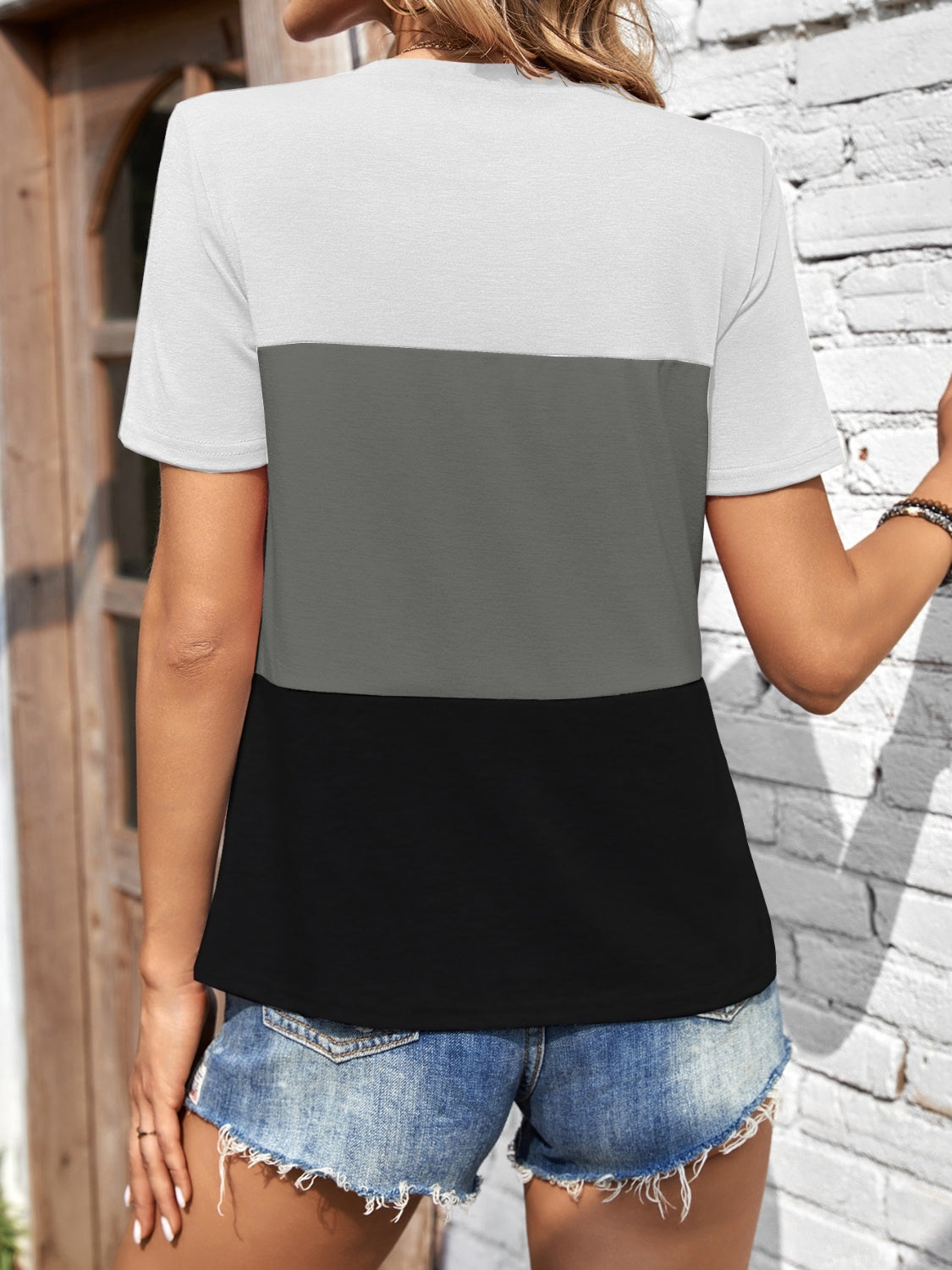 Color Block Round Neck Short Sleeve T-Shirt-Jewearrings