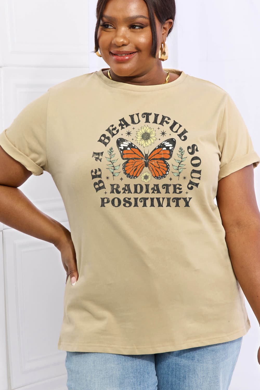 Simply Love Full Size BE A BEAUTIFUL SOUL RADIATE POSITIVITY Graphic Cotton Tee-Jewearrings