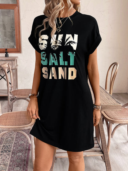 Letter Graphic Round Neck Short Sleeve Mini Tee Dress-Jewearrings