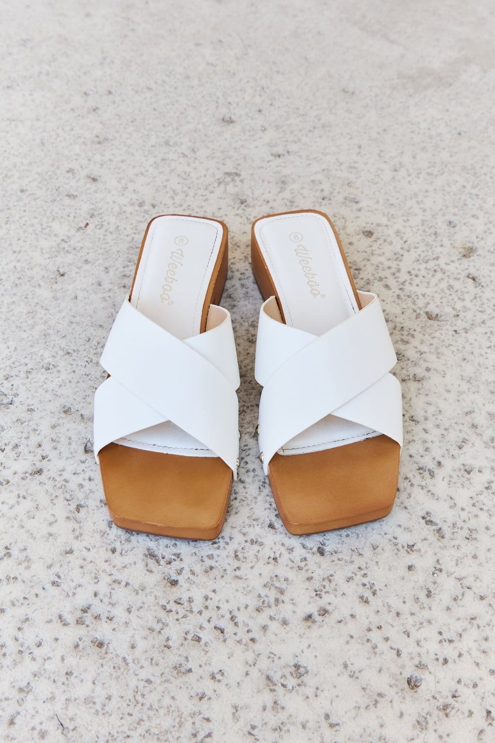 Weeboo Step Into Summer Criss Cross Wooden Clog Mule in White-Jewearrings