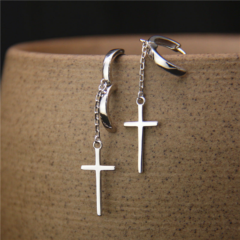 Women's Sterling Silver Simple Cross Earrings-Jewearrings