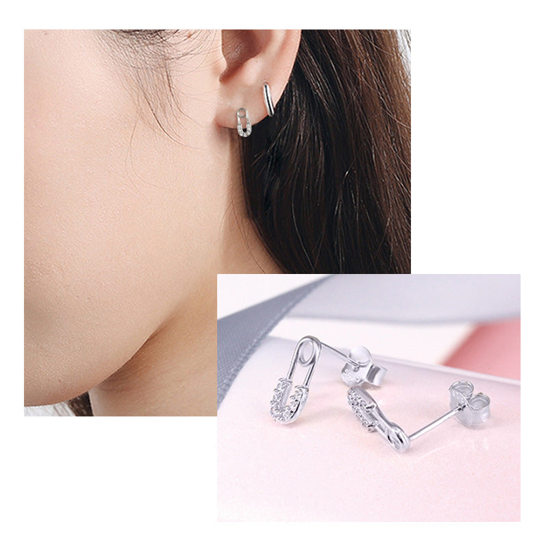 S925 Sterling Silver Personalized Pin Stud Earrings With Diamonds Safety Pin-Jewearrings