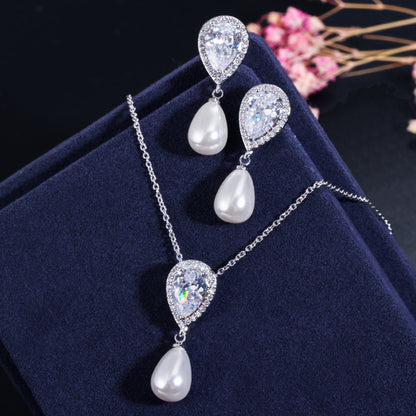 Two-piece Zircon Drop Pearl Pendant Earrings-Jewearrings