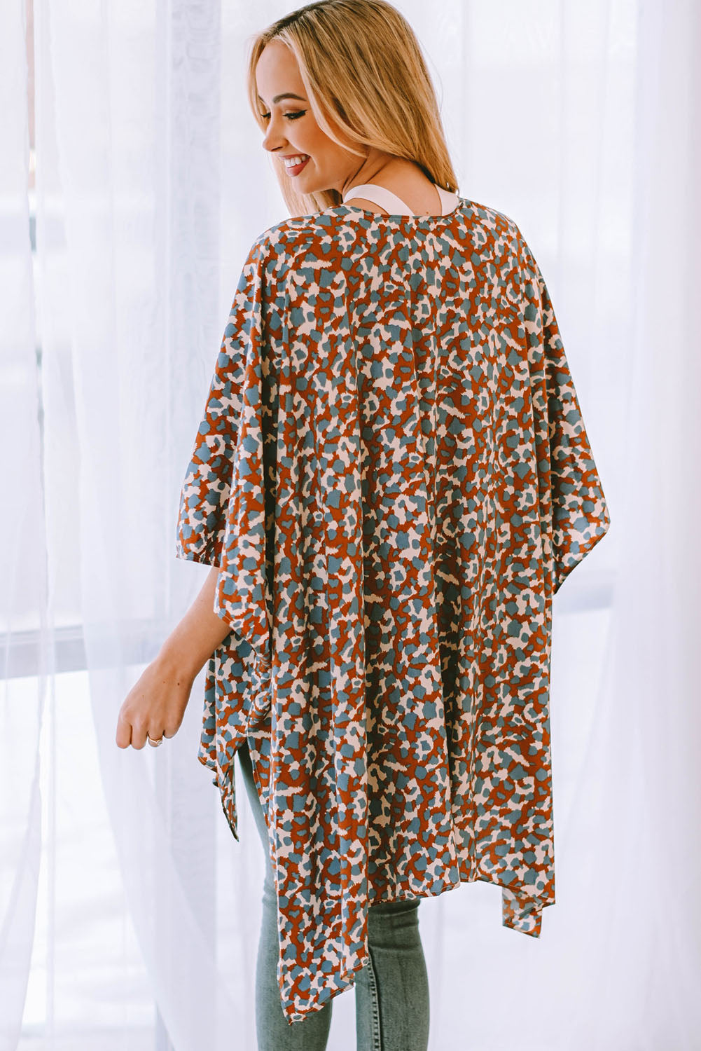 Printed Open Front Three-Quarter Sleeve Cover Up-Jewearrings