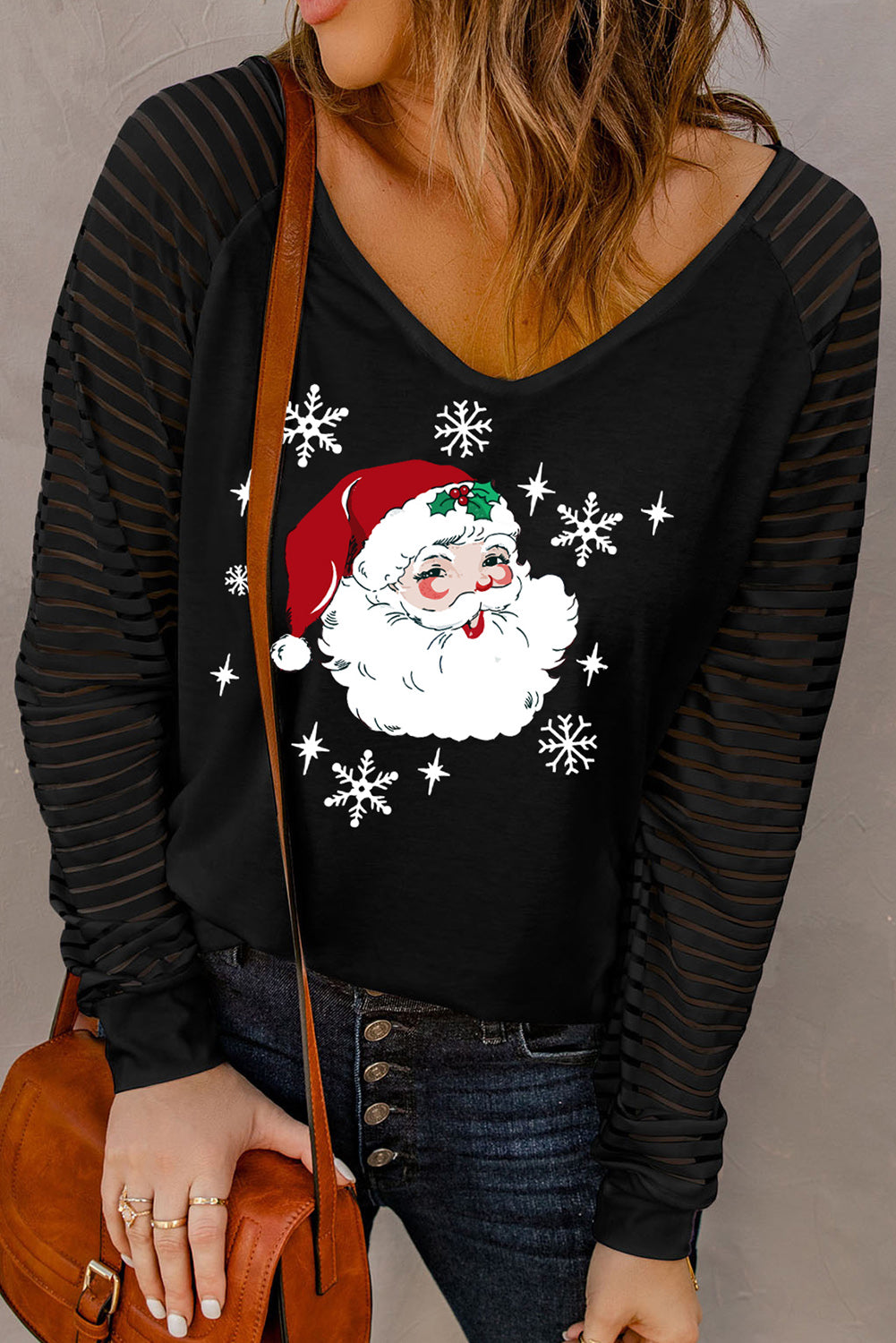 Santa Graphic Striped Long Sleeve T-Shirt-Jewearrings