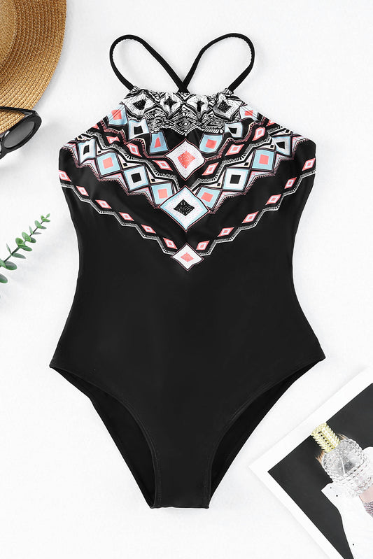 Geometric Print Tie Back One-Piece Swimsuit-Jewearrings