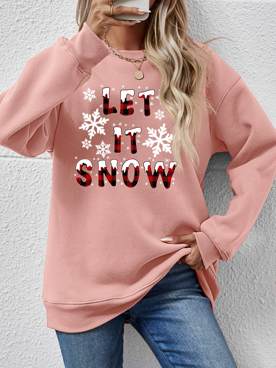 LET IT SNOW Round Neck Long Sleeve Sweatshirt-Jewearrings