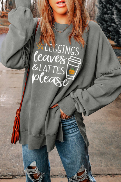 Round Neck Dropped Shoulder LEGGINGS LEAVES LATTES PLEASE Graphic Sweatshirt-Jewearrings