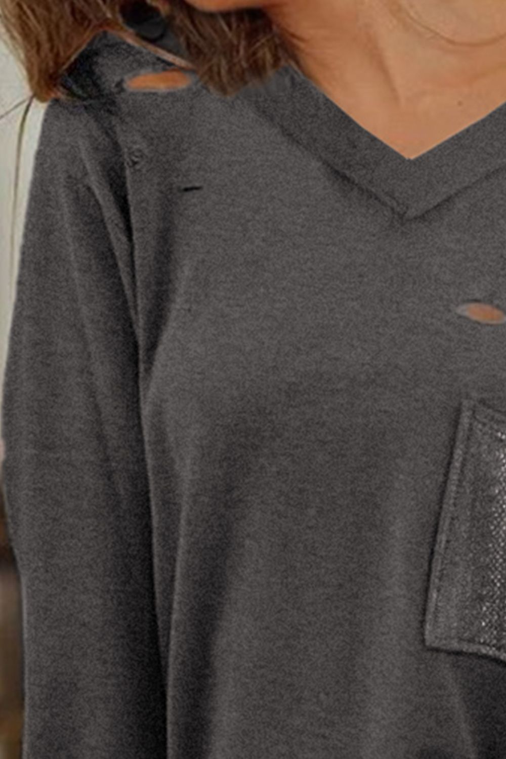 Distressed V-Neck Long Sleeve T-Shirt With Pockets-Jewearrings