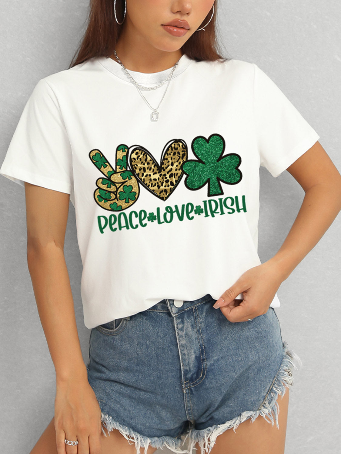 PEACE LOVE IRISH Round Neck Short Sleeve T-Shirt-Jewearrings