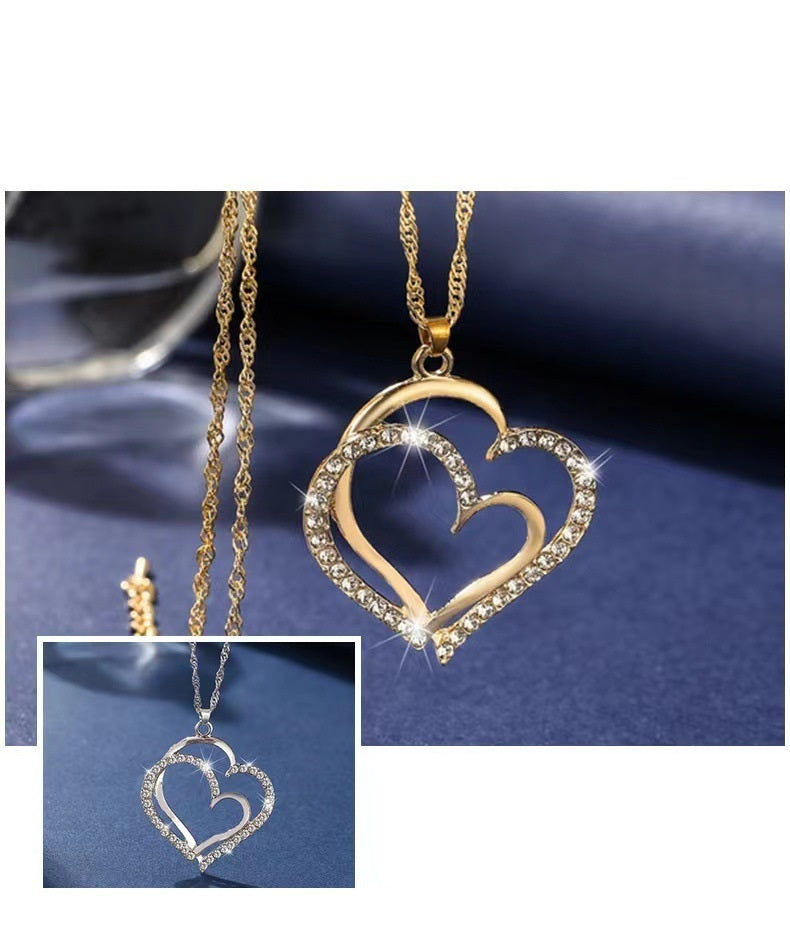 Korean Style Fashion Double Love Light Luxury Silver White Golden Two-color Beautiful Bracelet Necklace And Earrings Suite Gift-Jewearrings