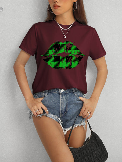 Plaid Lip Graphic Round Neck T-Shirt-Jewearrings