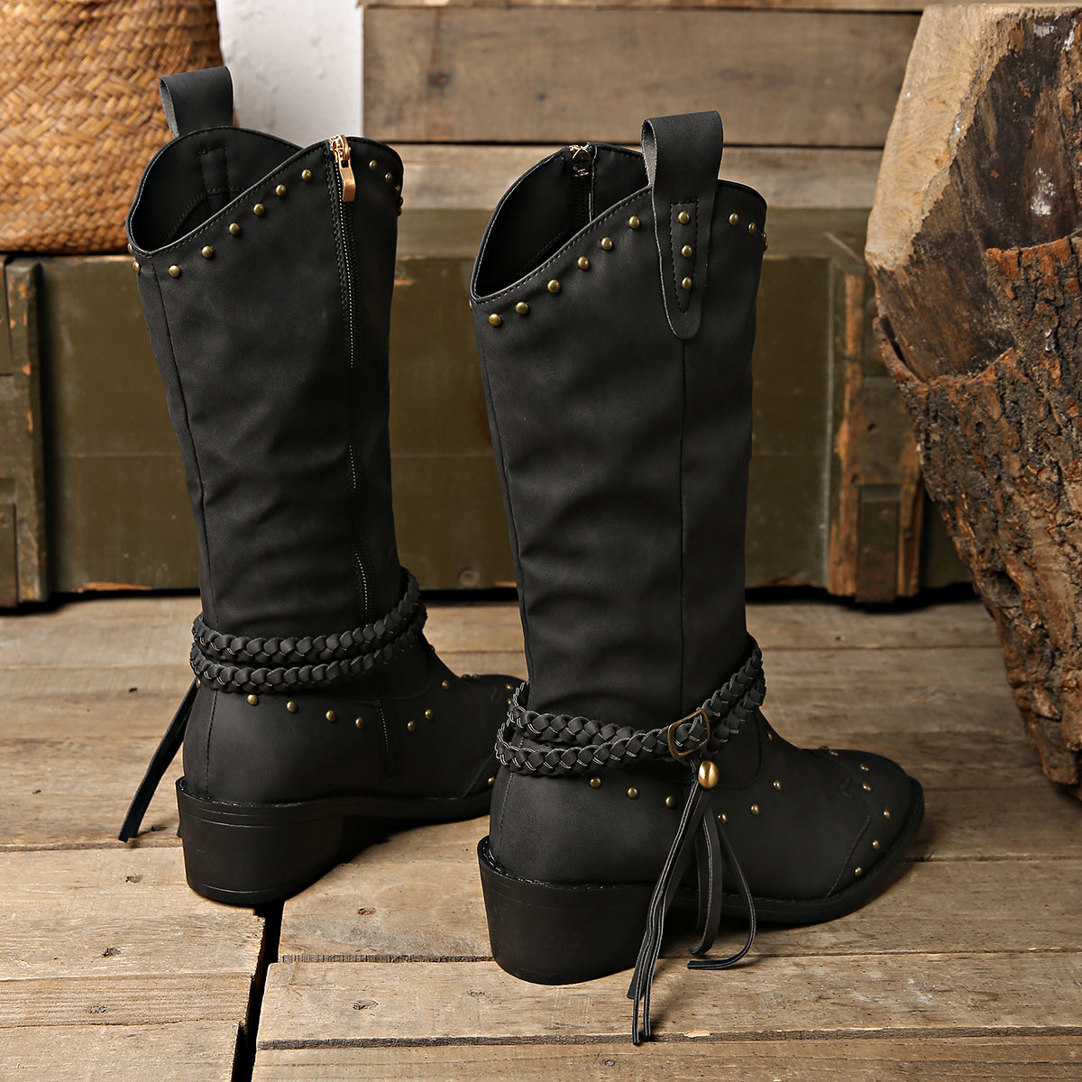 Studded PU Leather Block Heel Boots-Jewearrings