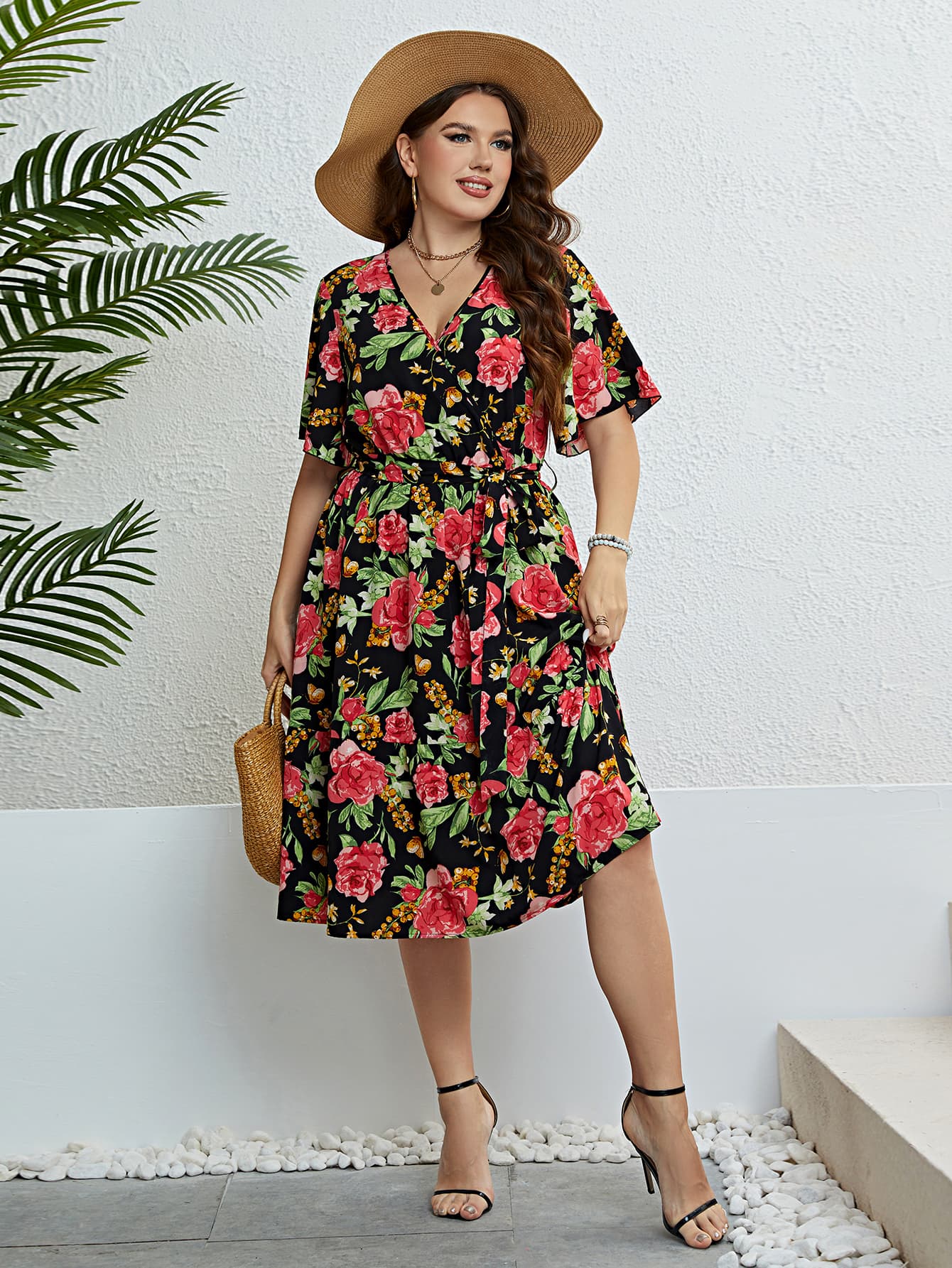 Plus Size Floral Tie Belt Surplice Dress-Jewearrings