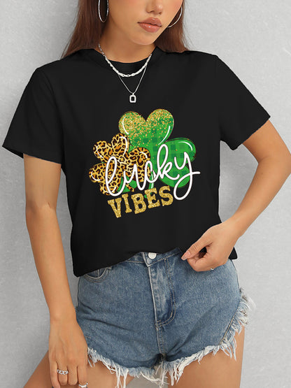 LUCKY VIBES Round Neck Short Sleeve T-Shirt-Jewearrings