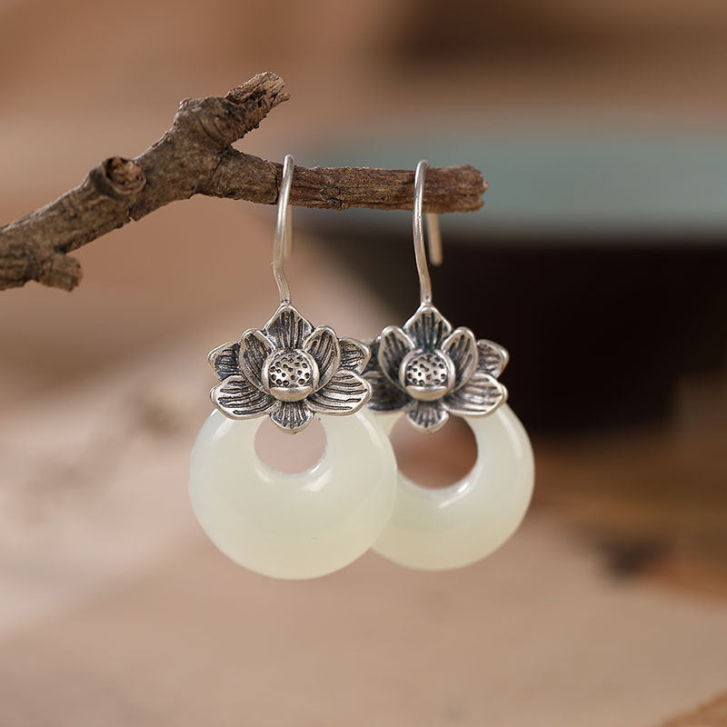 Silver Earrings Female Natural Hetian Jade Retro Personality Lotus-Jewearrings