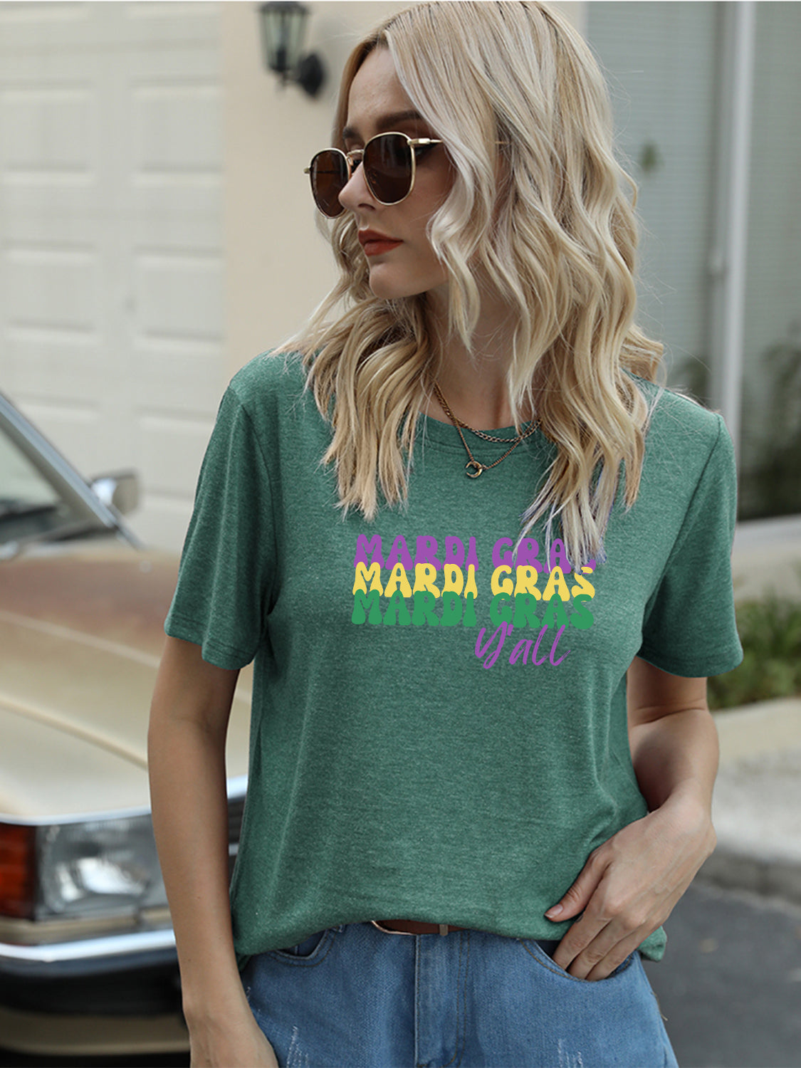 Full Size MARDI GRAS Y'ALL Round Neck T-Shirt-Jewearrings