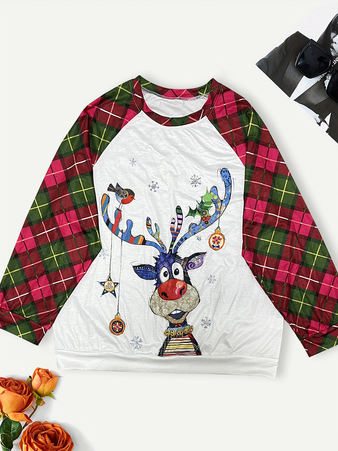 Plus Size Reindeer Graphic Plaid Long Sleeve T-Shirt-Jewearrings