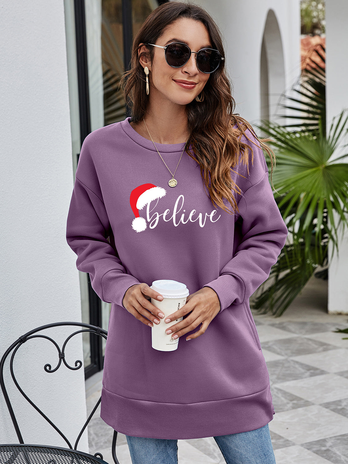 BELIEVE Graphic Tunic Sweatshirt-Jewearrings