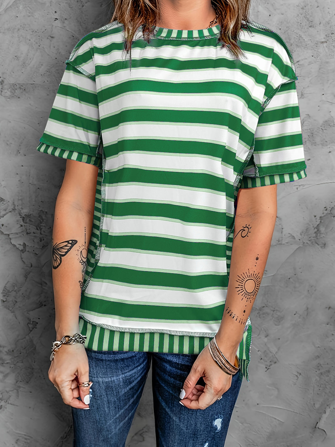 Full Size Contrast Stitching Striped Round Neck T-Shirt-Jewearrings