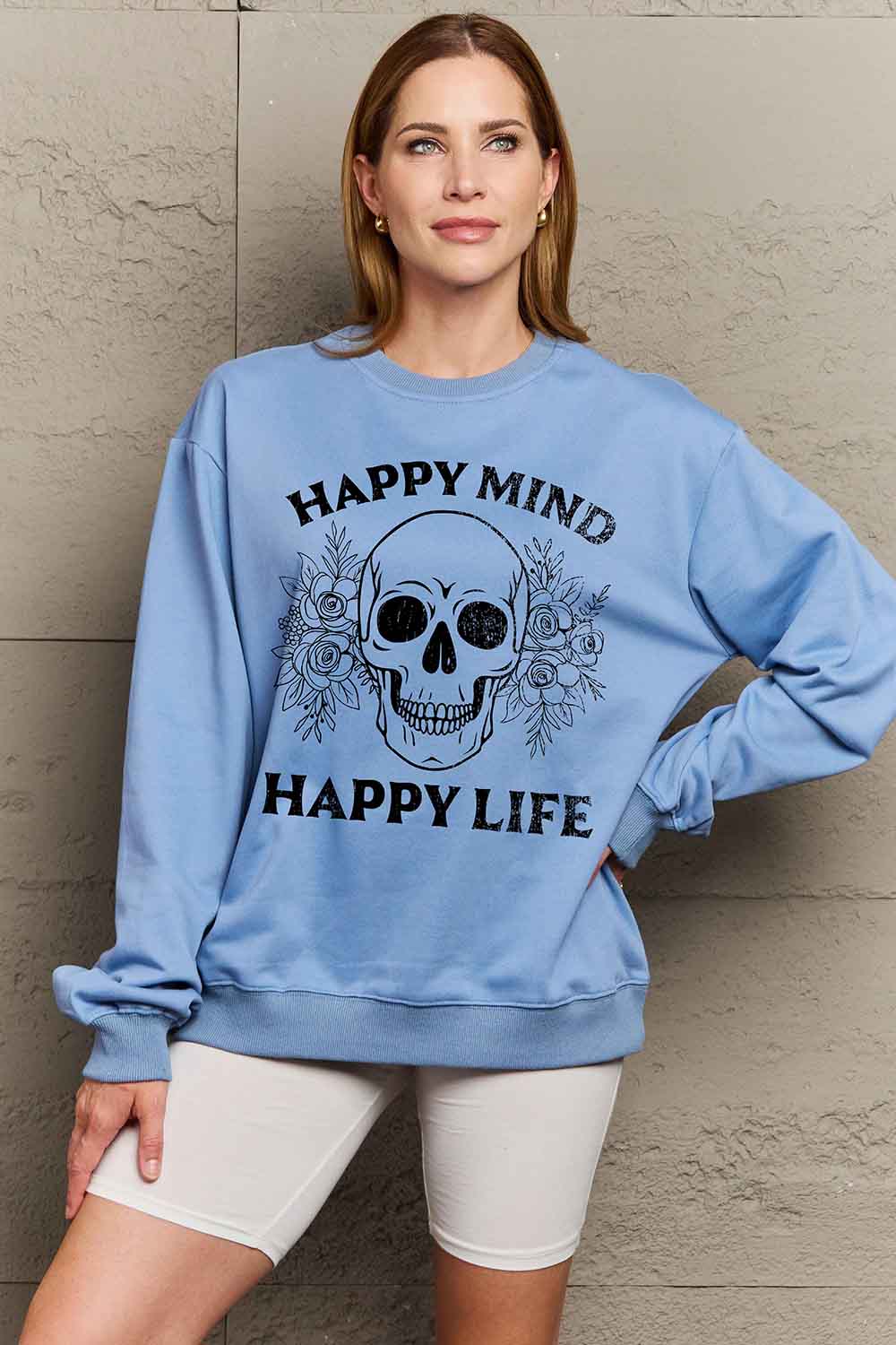 Simply Love Simply Love Full Size HAPPY MIND HAPPY LIFE SKULL Graphic Sweatshirt-Jewearrings