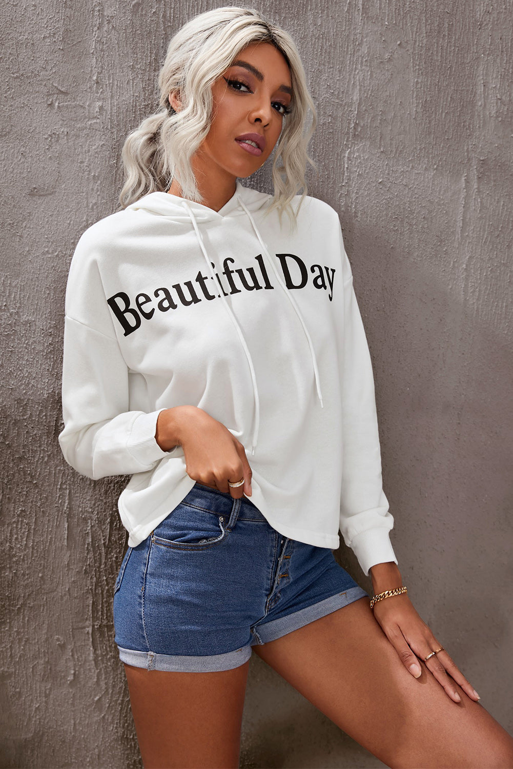 BEAUTIFUL DAY Graphic Drawstring Hoodie-Jewearrings