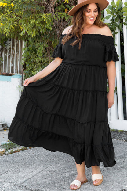 Plus Size Off-Shoulder Ruffle Trim Maxi Dress-Jewearrings