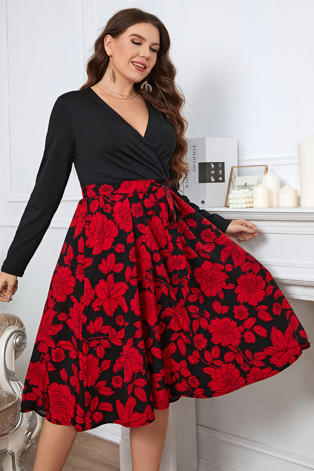 Plus Size Floral Surplice Neck Long Sleeve Dress-Jewearrings