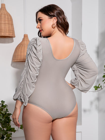 Plus Size Tied Deep V Balloon Sleeve One-Piece Swimsuit-Jewearrings