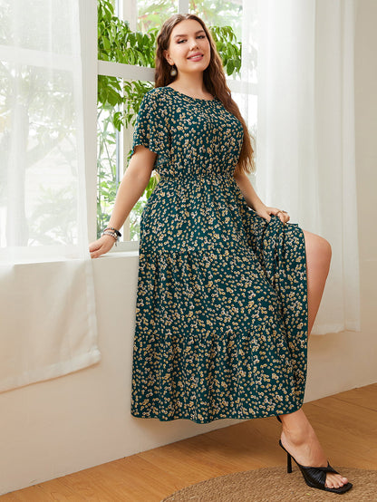 Plus Size Floral Round Neck Short Sleeve Midi Dress-Jewearrings