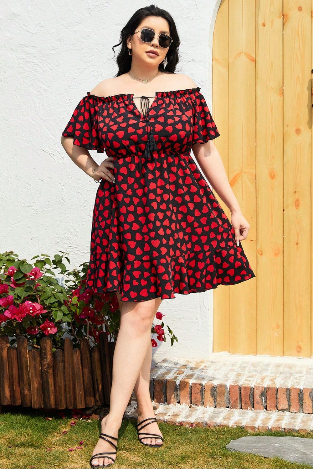 Plus Size Heart Print Off-Shoulder Tied Dress-Jewearrings