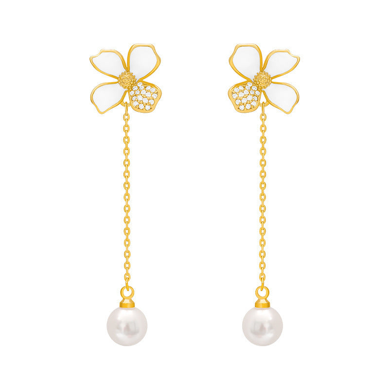 White Petal Tassel Pearl Earrings Temperament Female-Jewearrings