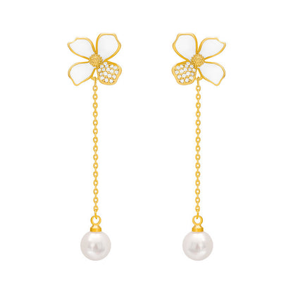 White Petal Tassel Pearl Earrings Temperament Female-Jewearrings