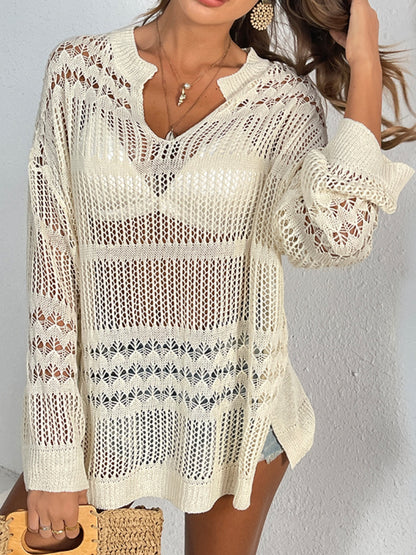 Cutout Notched Long Sleeve Cover-Up-Jewearrings