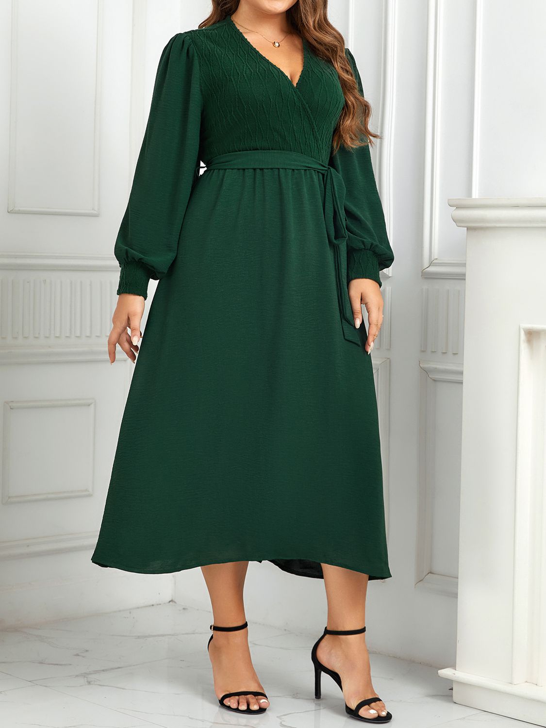 Plus Size Surplice Neck Tie Waist Long Sleeve Midi Dress-Jewearrings