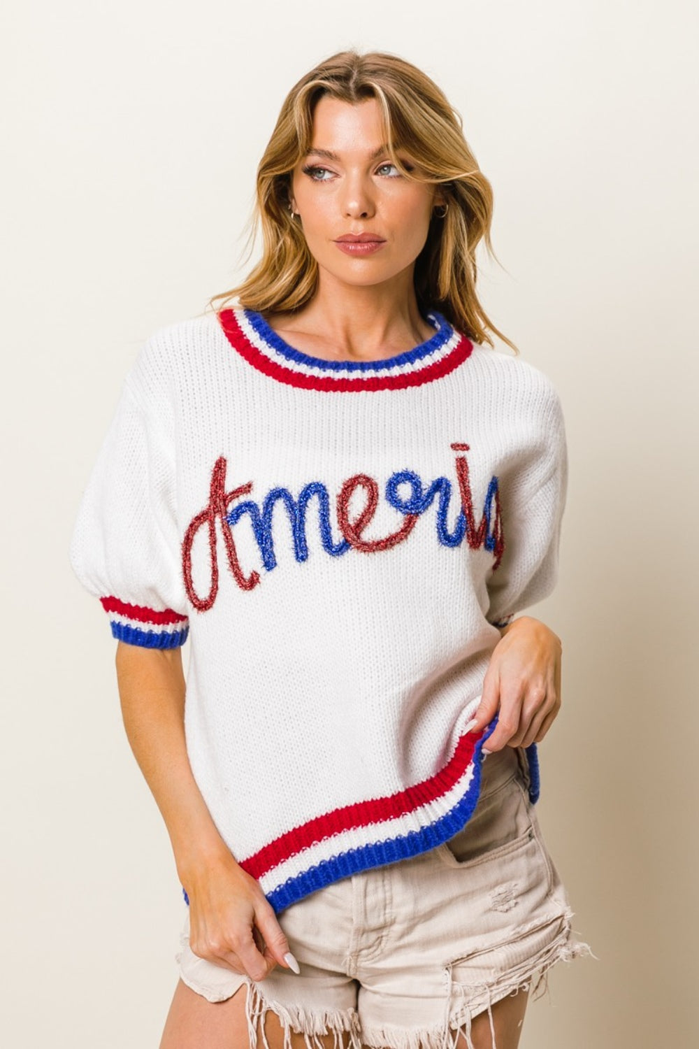 BiBi Metallic America Letter Short Sleeve Sweater-Jewearrings