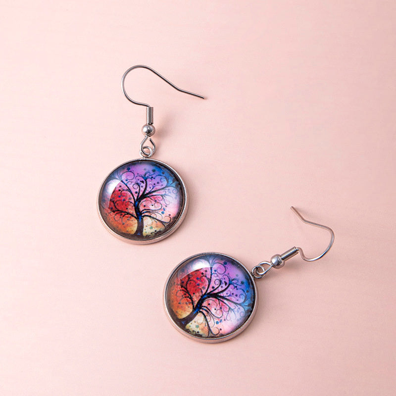 Tree Of Life Dangle Earrings Art Painting Picture Glass Dome Pendant Earrings For Women Girls-Jewearrings